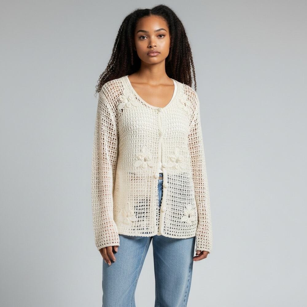 Vintage Kroshetta by Papillon Crochet Cardigan Sweater M Ivory Floral Open Knit